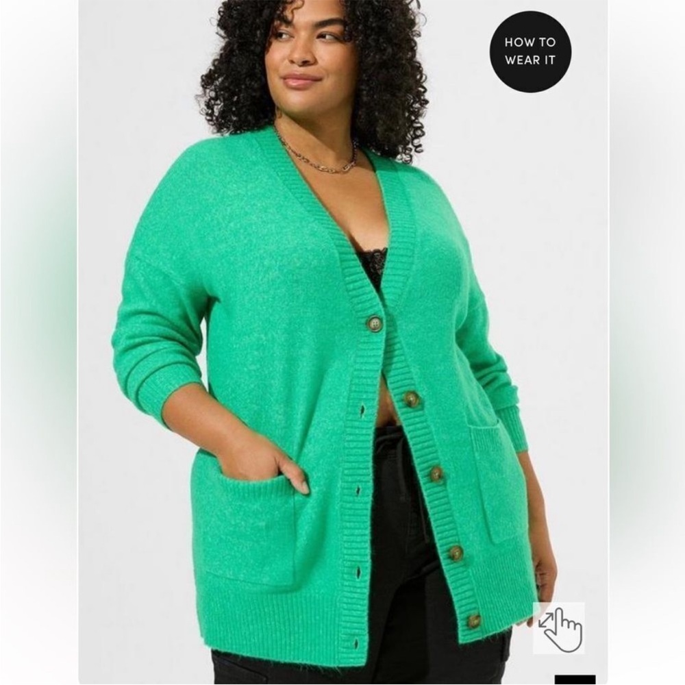 Torrid Vegan Cashmere Boyfriend Green Button Closure Sweater Pockets Cardigan
